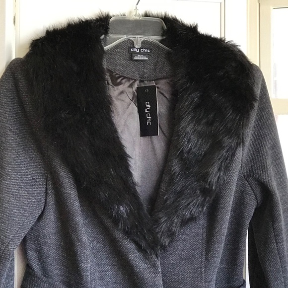CITY CHIC Penny Lane Make Me Blush Coat Faux Fur Trim Black Gray Plus Size 14 - Picture 3 of 16